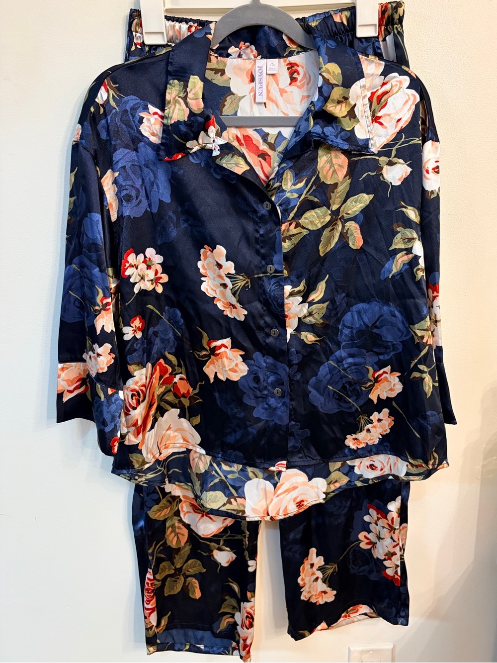 Women's Navy Floral Satin Pajama Set